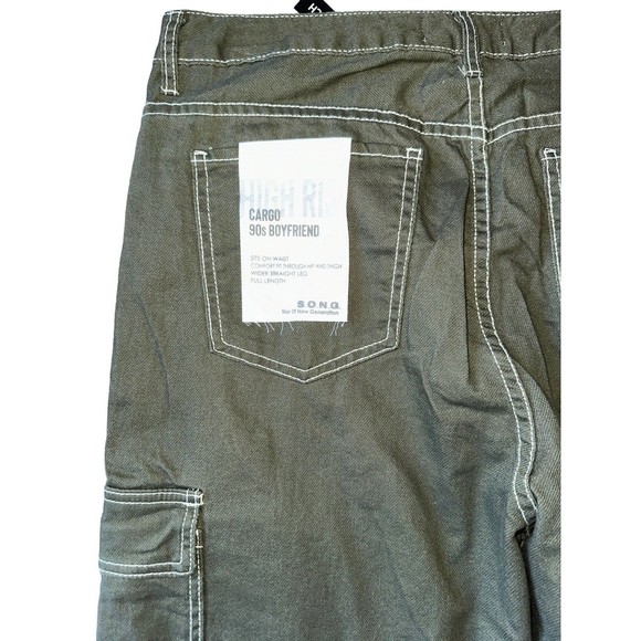 High Rise Cargo 90s Boyfriend Slouchy Baggy Jeans Wide Leg Army Green Size 17/33 - Picture 13 of 16